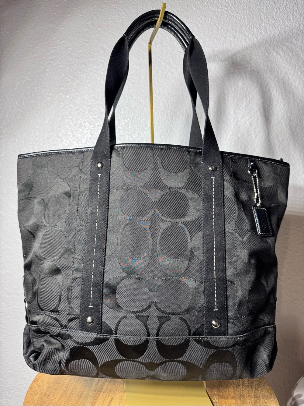 Coach Black Signature Canvas Tote with Logo Jacquard